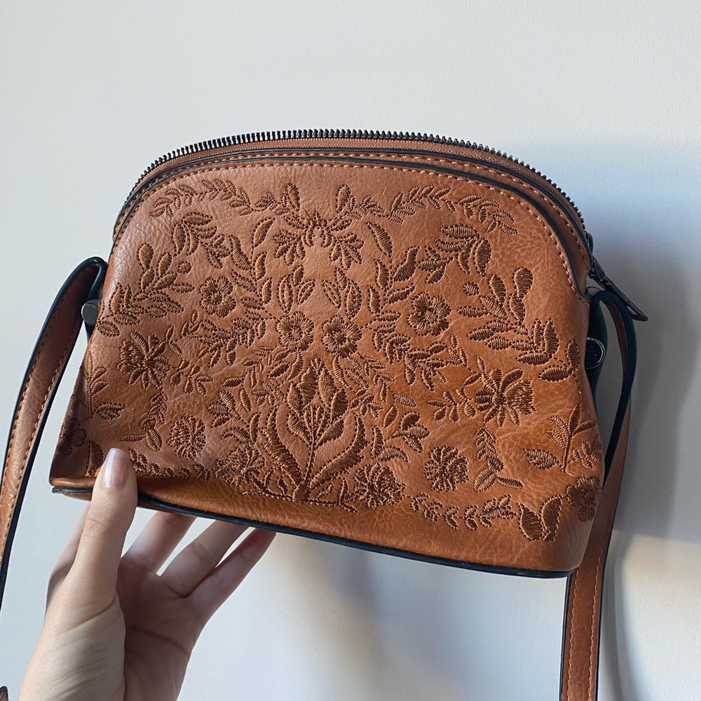 Embroidered Tan Crossbody Bag
